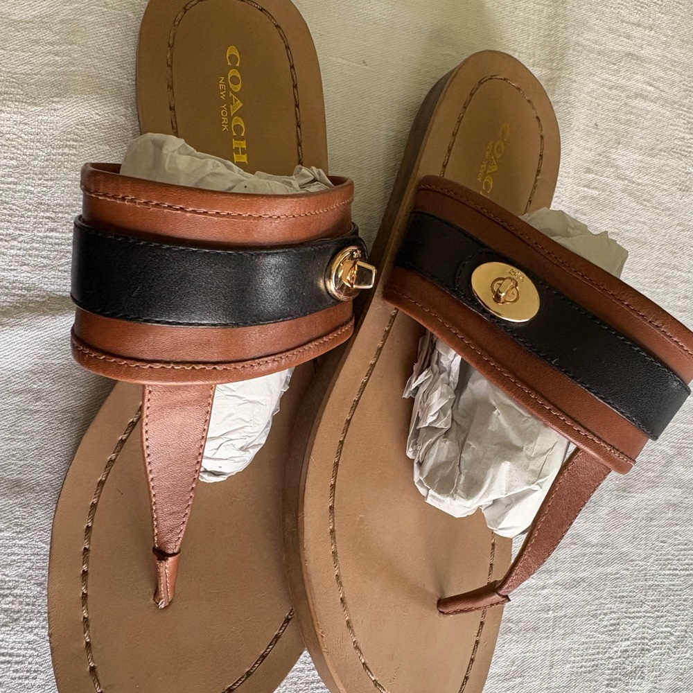 Coach Brown and Black T-Strap Sandals with Gold Accents